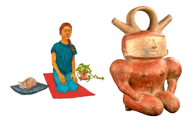 Una ilustración de una niña sentada sobre sus piernas al lado de una pieza cerámica en la misma postura