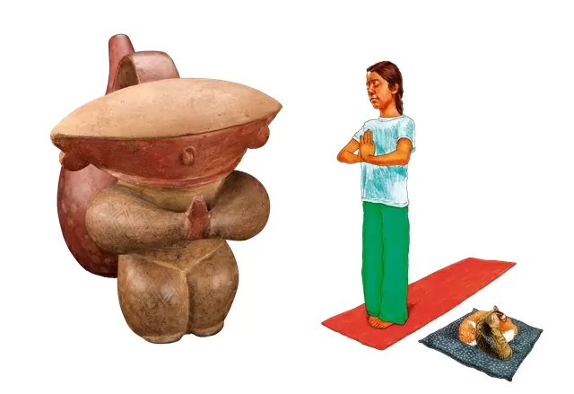 Una imagen de una pieza cerámica antropomorfa al lado de una ilustración de una niña en una postura similar a la cerámica