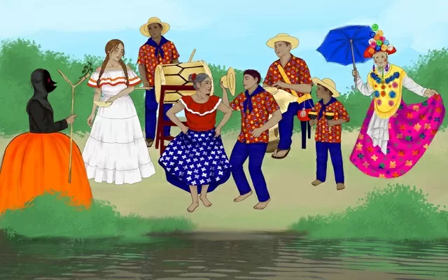 Ilustración de los bailadores de las danzas del Casabe, de Gallegos y de Chandé y Farotas