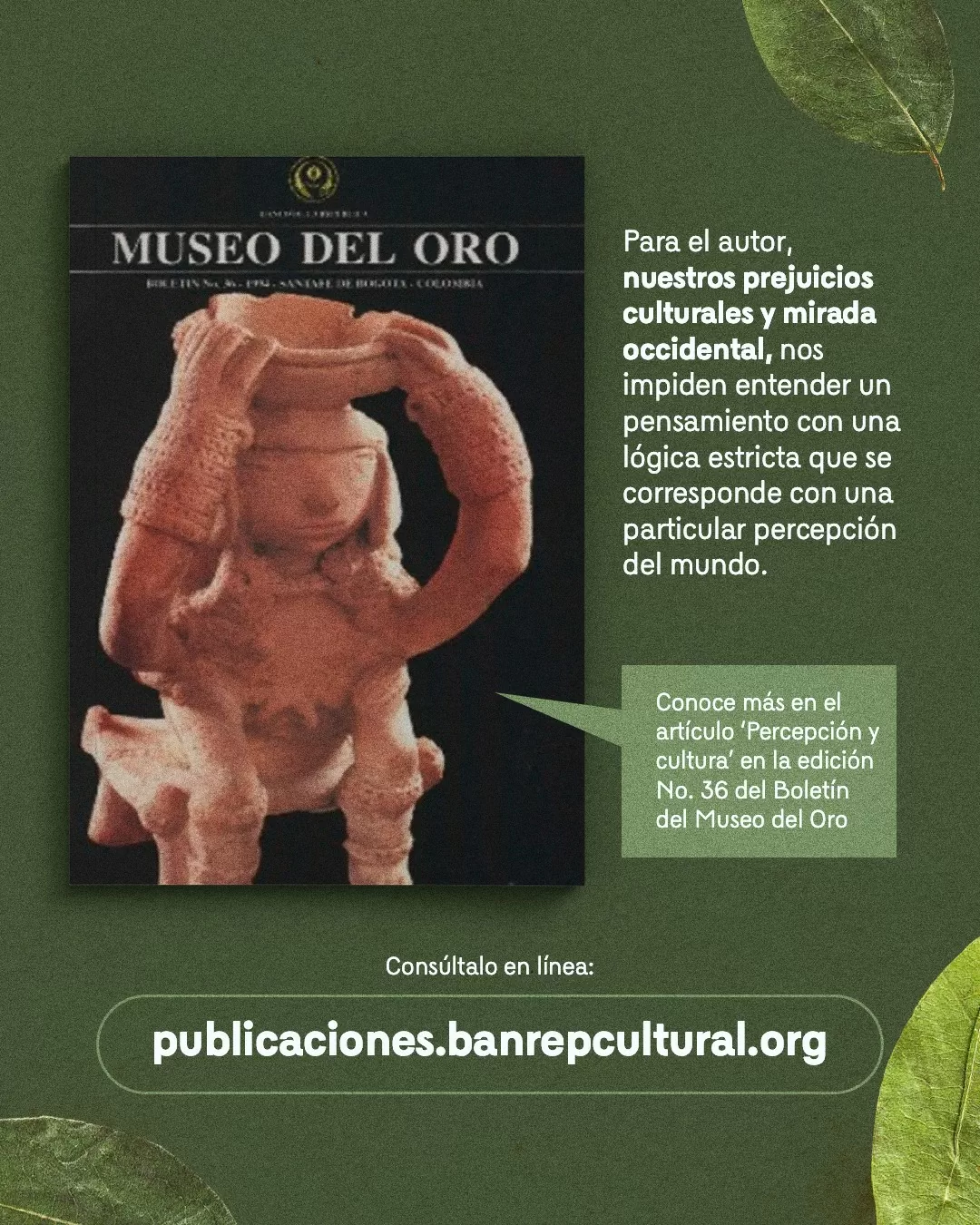 Imagen del Boletín del Museo del Oro y el texto: Para el autor, nuestros prejuicios culturales y mirada occidental, nos impiden entender un pensamiento con una lógica estricta que se corresponde con una particular percepción del mundo