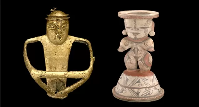 Una figura antropomorfa en orfebrería sentada en posición de canasto y una figura antropomorfa en cerámica