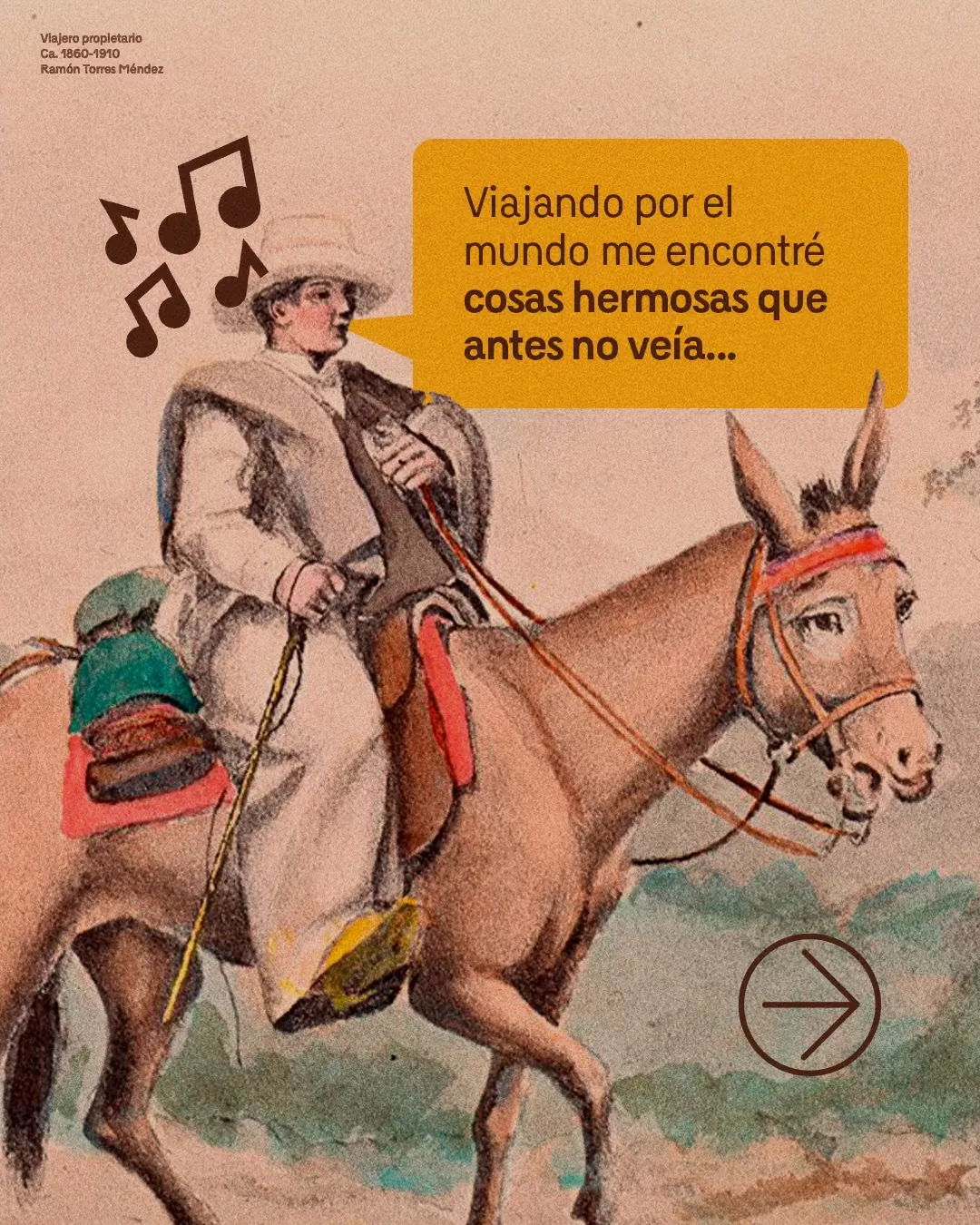Imagen a color de la obra Viajero propietario, con un hombre a caballo y cantando 