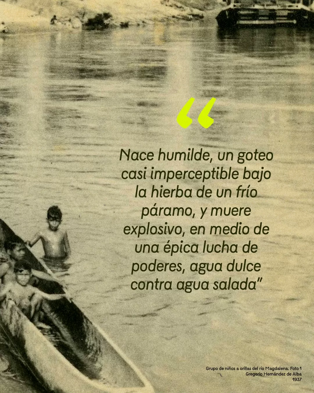 "Nace humilde, un goteo casi imperceptible bajo la hierba de un frío páramo, y muere explosivo, en medio de una épica lucha de poderes, agua dulce contra agua salada."