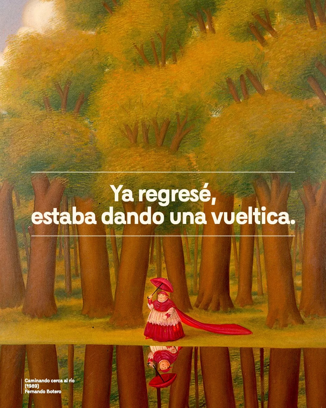 Imagen a color, con la obra Caminando cerca al río, que muestra a una mujer sosteniendo una sombrilla, mientras camina 