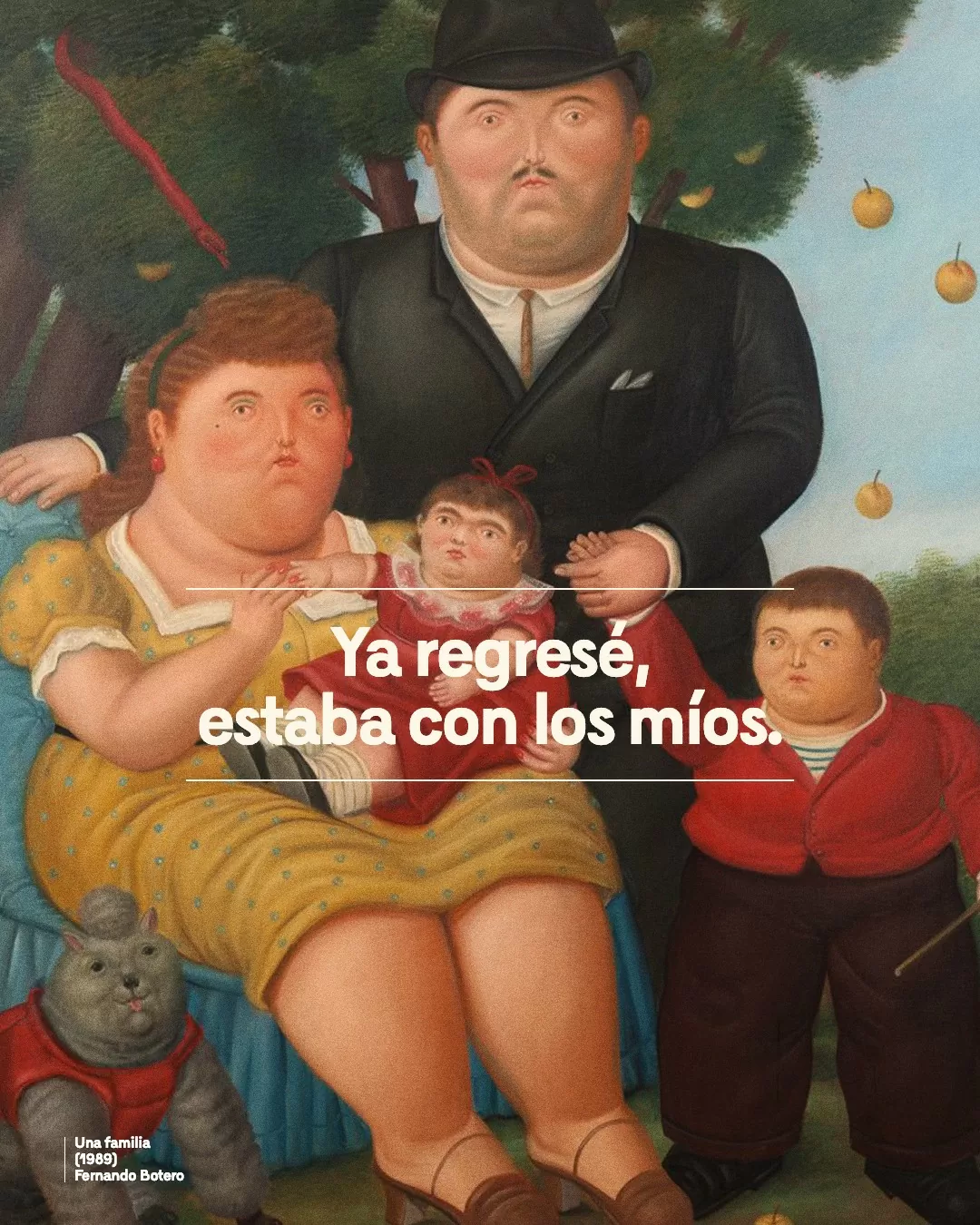 Imagen a color, con una obra de Fernando Botero, presentando a un hombre, un niño, y a una mujer con una niña en su regazo, junto a un gato