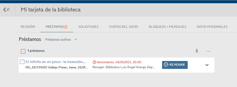 Captura de pantalla en Descubridor Renovar mis préstamos Captura de pantalla en Descubridor Renovar mis préstamos