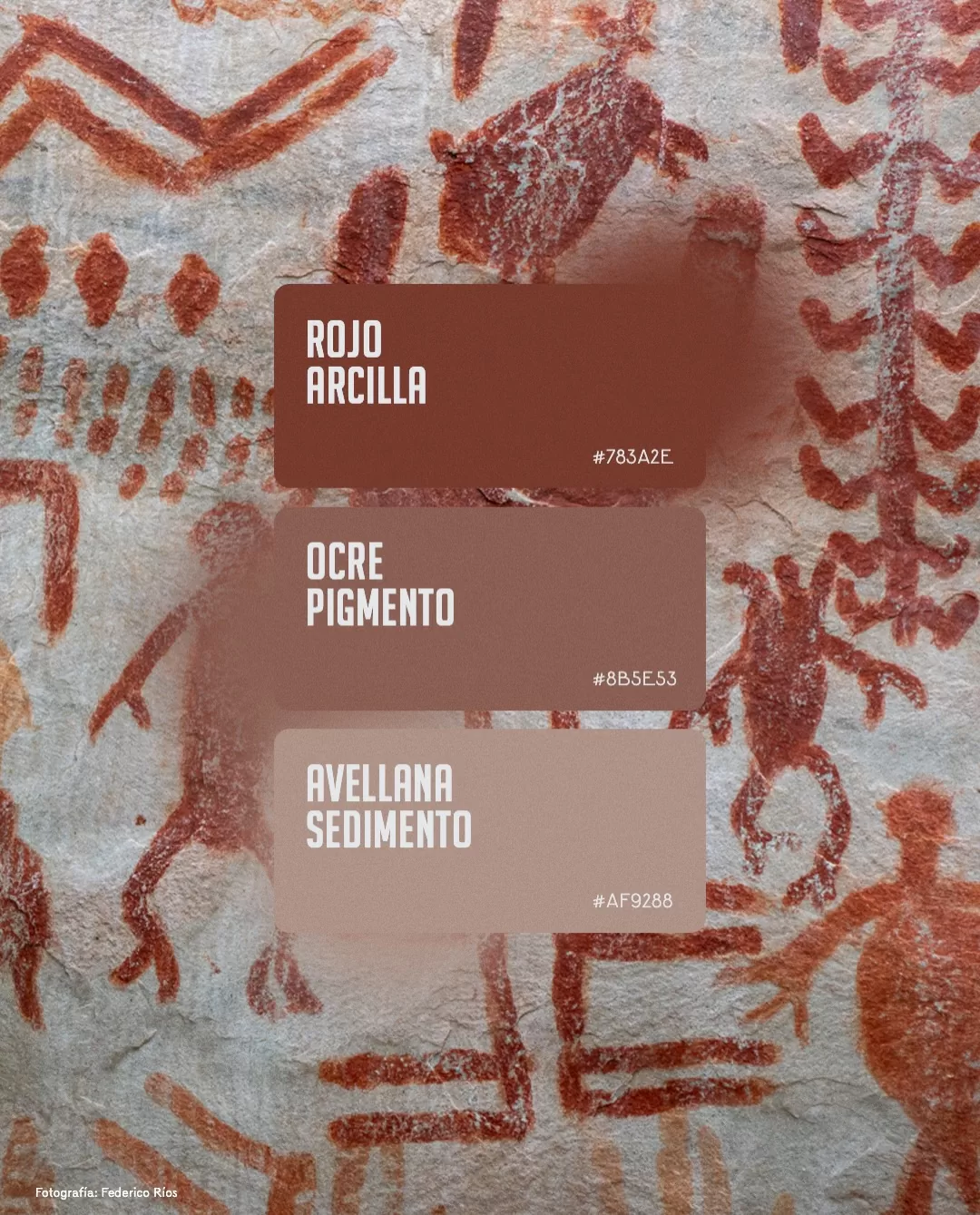 Fotografía de la Serranía de La Lindosa y el texto: Rojo arcilla, ocre pigmento y avellana sedimento