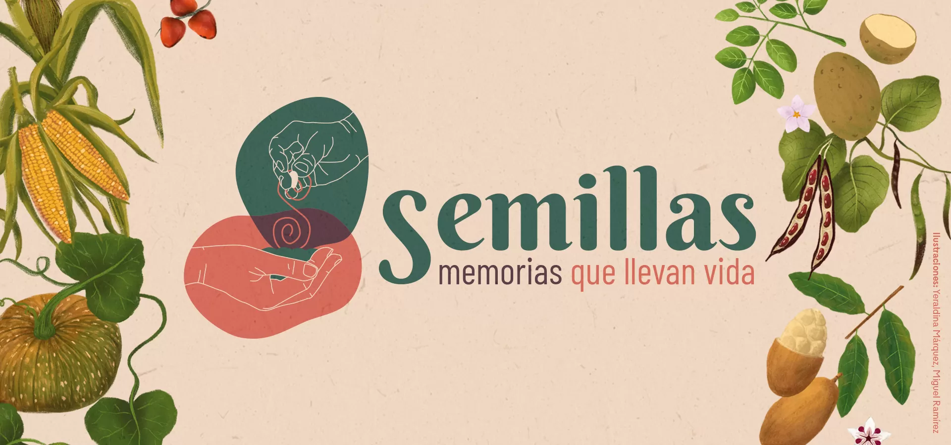 Gráfico con ilustraciones de semillas y el texto Semillas, memorias que llevan vida