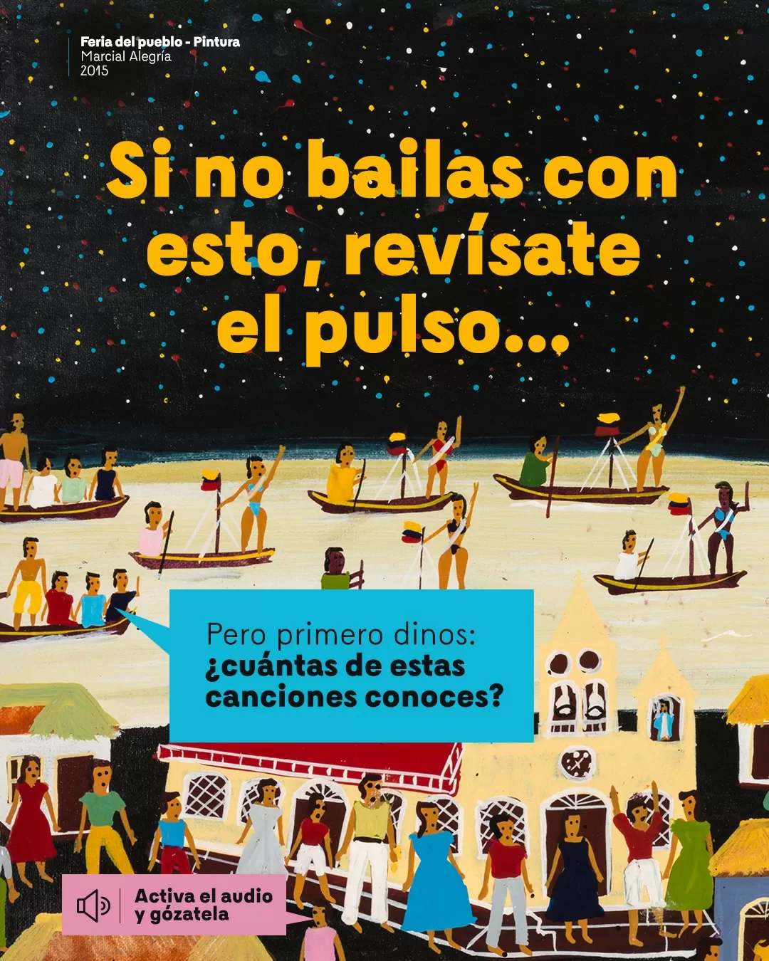 Pintura con diferentes personas de un pueblo, algunos de ellos en pequeños barcos 