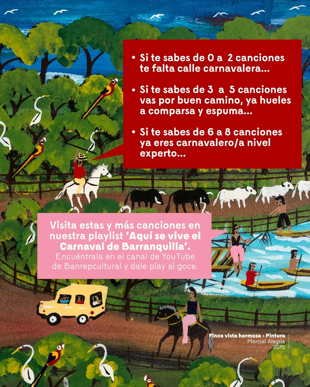 Pintura de una finca, con un caballo, toros, y personas en pequeños barcos