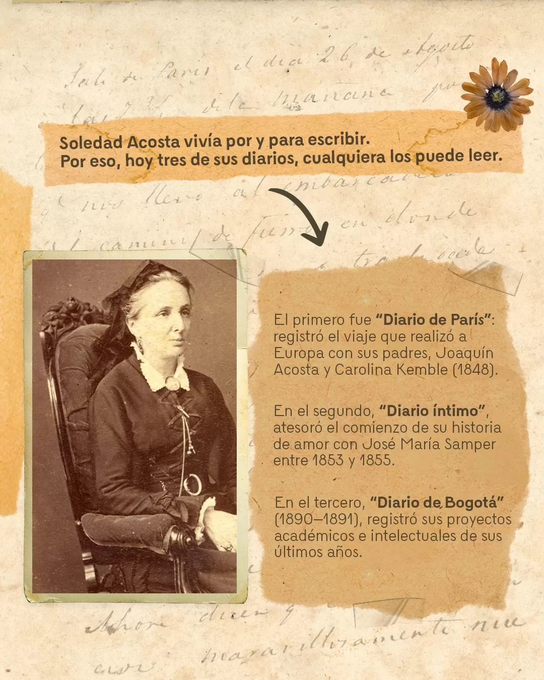 Fotografía de Soledad Acosta y el texto: Soledad Acosta vivía por y para escribir. Por eso, hoy tres de sus diarios, cualquiera los puede leer