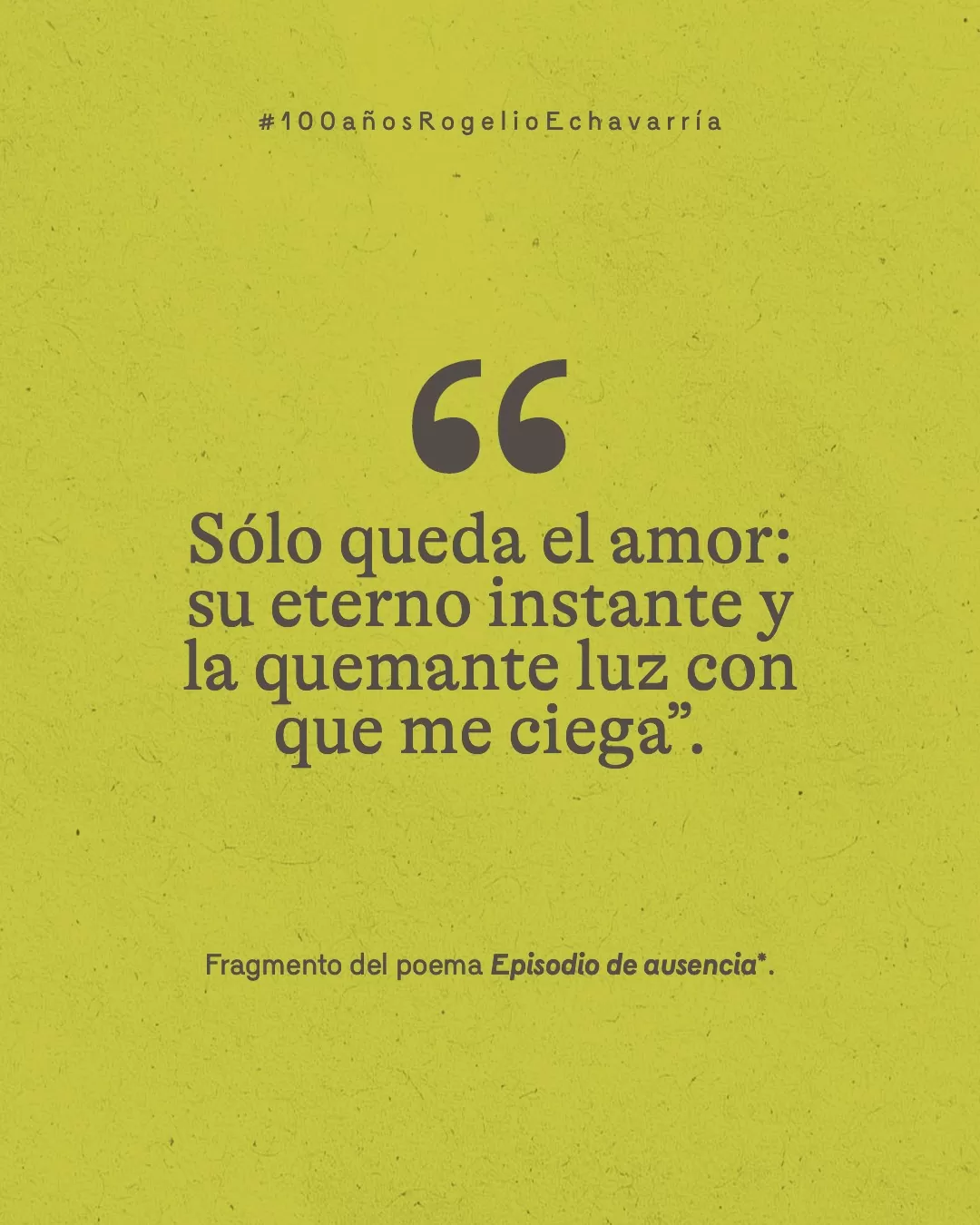 Imagen de fondo verde y letras gris con el texto: "Sólo queda el amor: su eterno instante y la quemante luz con que me ciega". Fragmento del poema Episodio de ausencia