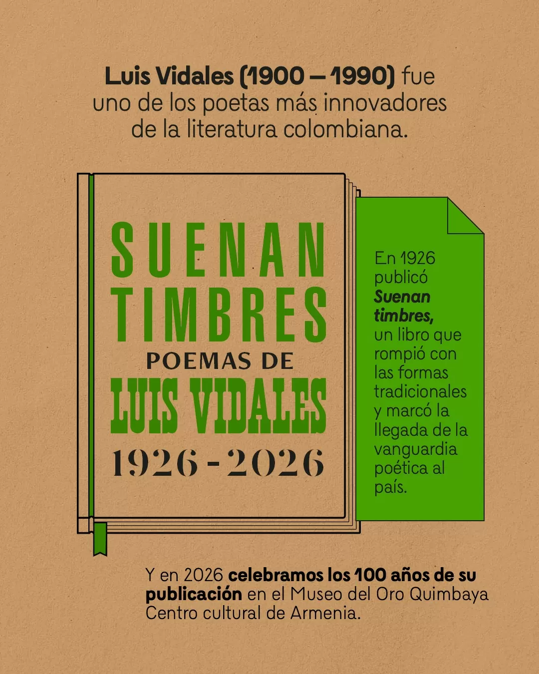 Portada del libro Suenan timbres y el texto: Luis Vidales (1900-1990) fue uno de los poetas más innovadores de la literatura colombiana