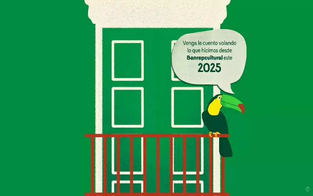 Tarjeta de navidad, con la imagen de un tucán, y una casa con varias puertas