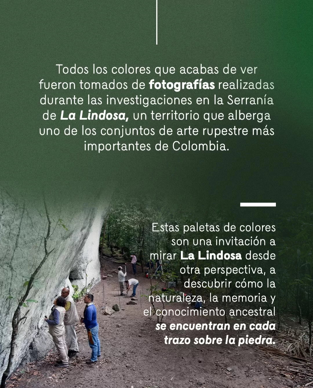 Fotografía de la Serranía de La Lindosa y el texto: Todos los colores que acabas de ver fueron tomados de fotografías realizadas durante las investigaciones en la Serranía de La Lindosa 