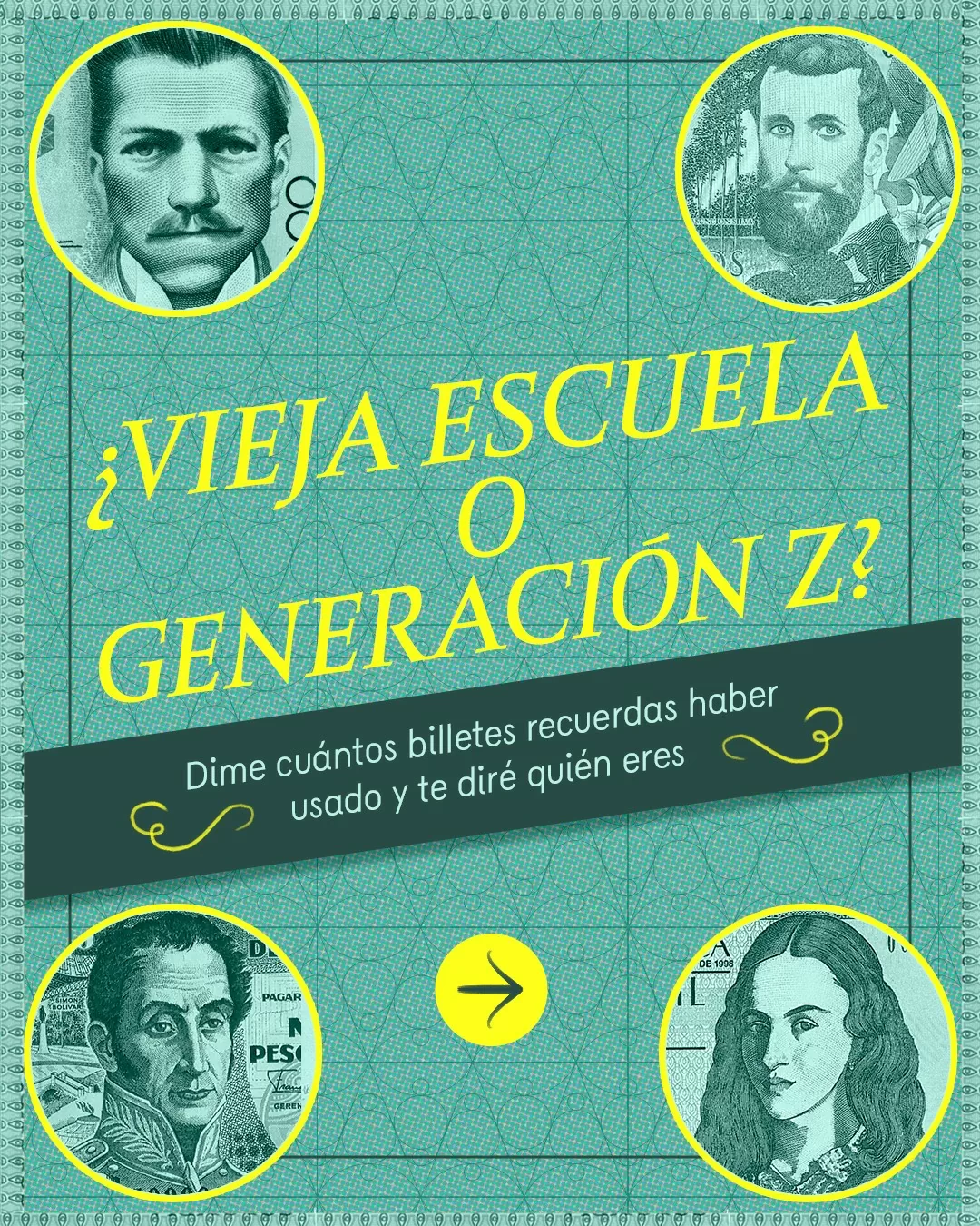 Ilustración, con la imagen de algunos billetes, y la pregunta: ¿Vieja escuela o generación z? 