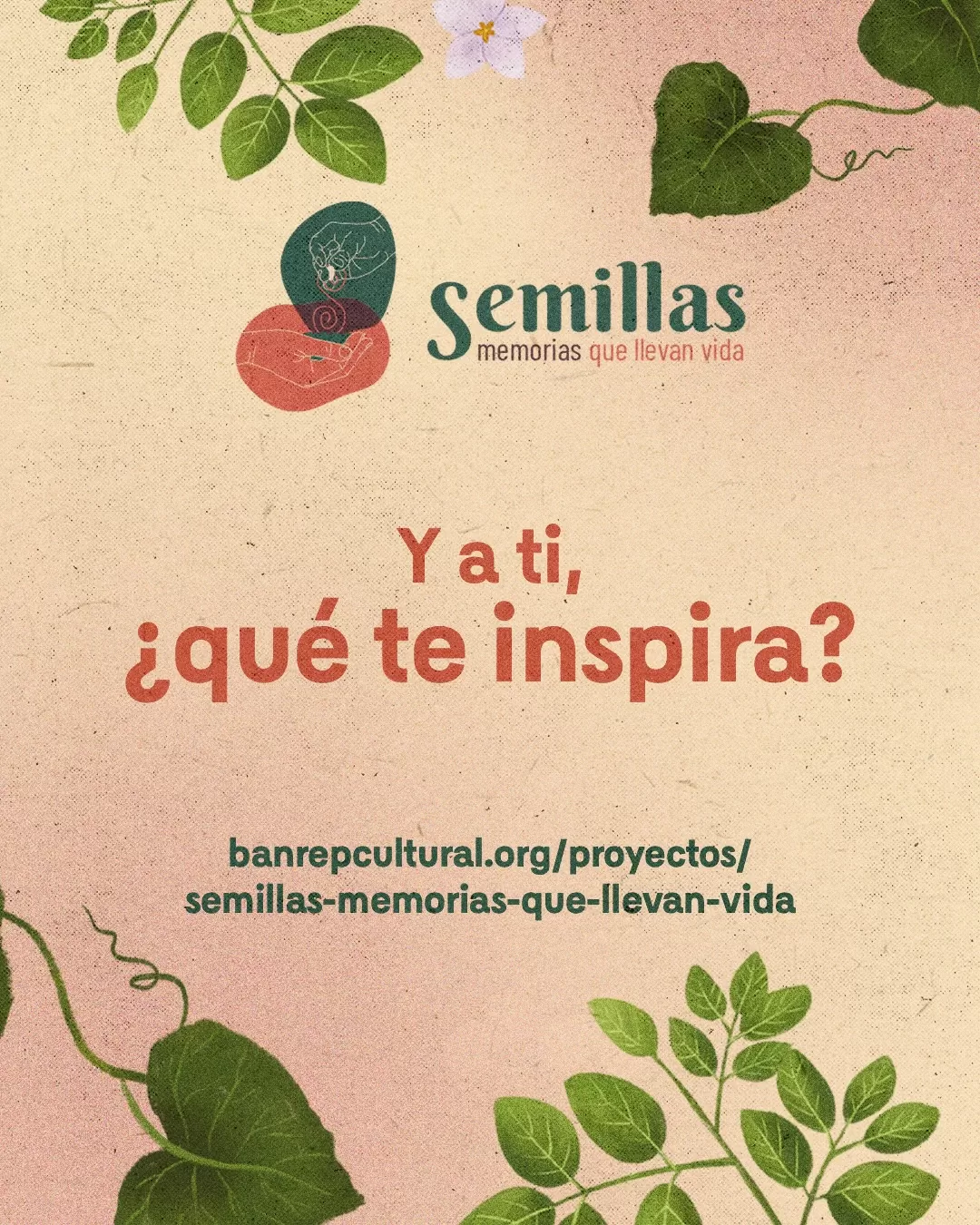 Ilustración de semillas y el texto: Semillas, memorias que llevan vida. Y a ti, ¿qué te inspira?
