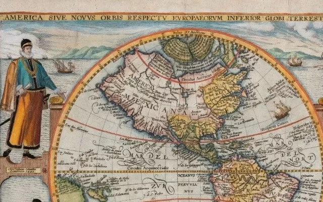 America sive Novus Orbis Respectu Europaeorum Inferior Globi Terrestris Pars”, América, Theodor de Br y, Frankfurt, 1596. Obsér vese las áreas “América mexicana” y el “Golfo mexicano”.