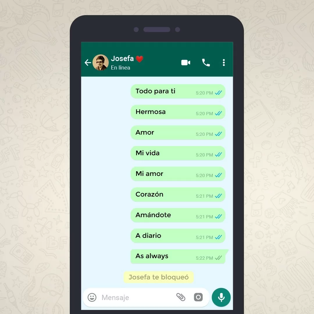 Ilustración de la aplicación WhatsApp a modo de recreación en la que el jurista santandereano Diego Fernando Gómez busca infructuosamente conectar con Josefa Acevedo y resulta bloqueado por esos intentos infructuosos del mensaje