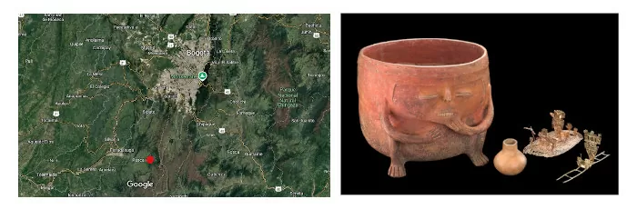 Mapa de la ubiucación de Pasca Cundinamarca y piezas arqueológicas halladas