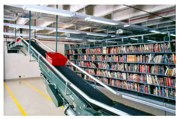 Banda transportadora de libros en uno de los depósitos de libros de la BLAA