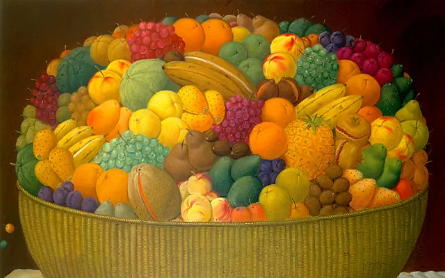 En la imagen se observa la obra canasta de frutas, del artista Fernando Botero