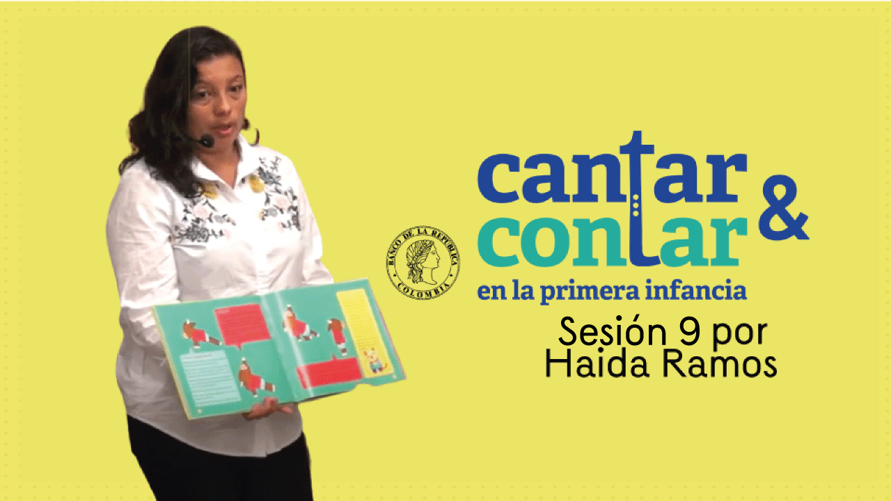 Fondo amarillo con cantante de taller cantar y contar y logo del programa