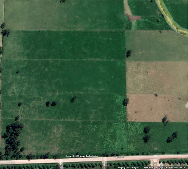 [2] Vestigios de camellones de la Sabana de Bogotá en el sector de Guaymaral, carrera 58 con calle 235. Imagen satelital tomada en 2017 y captura de pantalla de 2023.