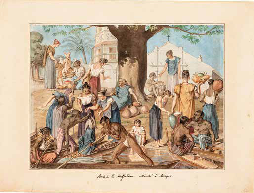 [2] Bords de la Magdelaine. Marché à Mompox (Orillas del Magdalena. Mercado en Mompox) Ca. 1823, acuarela sobre papel Reg. AP4078. François Désiré Roulin (1796-1874)