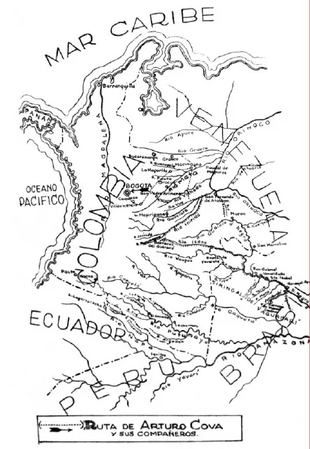 [3] Ruta de Arturo Cova y sus compañeros Ca. 1928, impreso. José Eustasio Rivera (1888-1928)  En: José Eustasio Rivera, La vorágine (Nueva York: Editorial Andes, 1928)