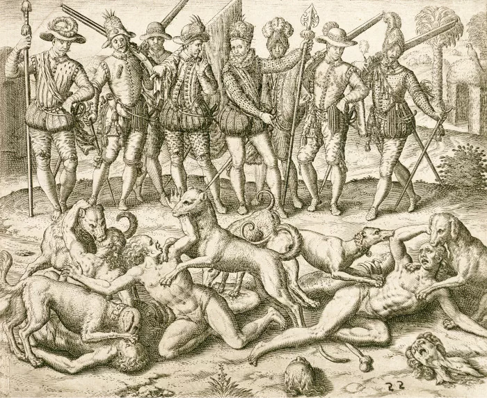 [2] Balboa arrojando indígenas a los perros 1594, grabado sobre papel Reg. E141.A45 1594. Theodor de Bry (1528-1598) /Johann Feyerabend (1550-1599) 