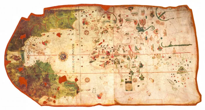 [1] Mapamundi 1500, tinta sobre papel Reg. H572. Juan de la Cosa (1460-1510). Este mapa es una versión facsimilar de la representación cartográfica más antigua en la que aparece América. El mapa original se encuentra en el Museo Naval de Madrid.