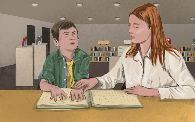 ciego con libros braille (leyendo)