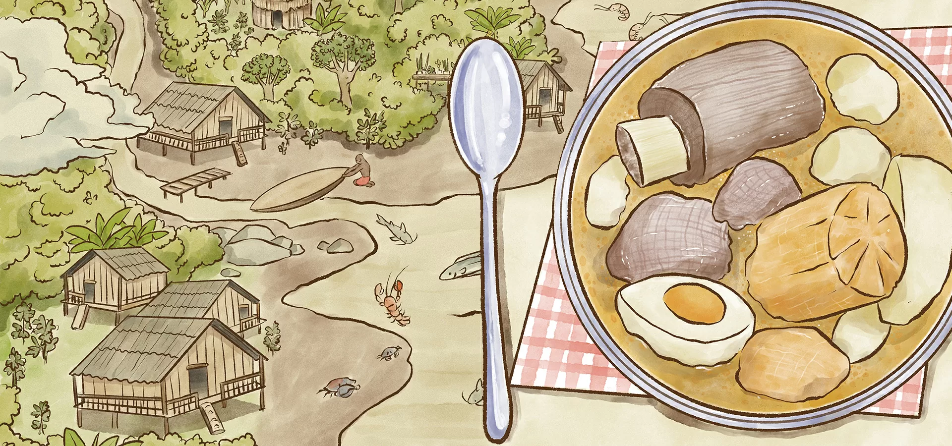 Cocinas y gastronomía ilustración de un plato típico y una población ribereña de viviendas palafíticas
