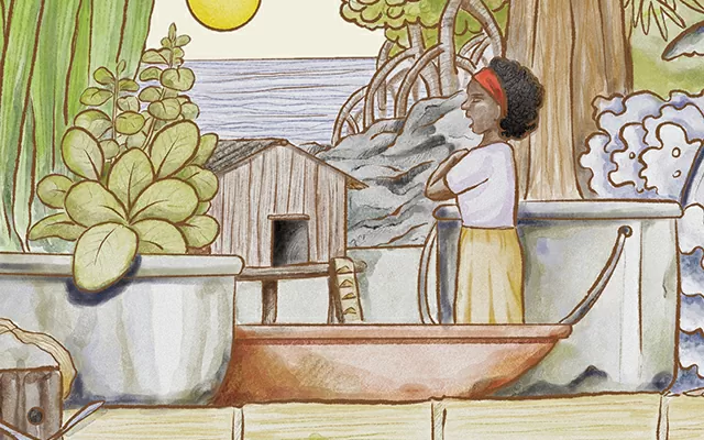 Cocinas y gastronomía: ilustración de una cocinera en una casa rural