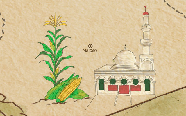 Detalle del mapa Coexistencias. Ilustración de una planta de maíz y una mezquita en Maicao