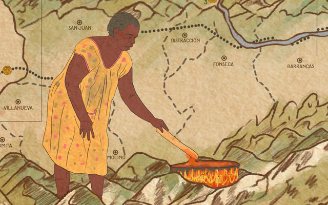 Detalle del mapa Coexistencias. ilustración de una mujer afrodescenciente cocinando