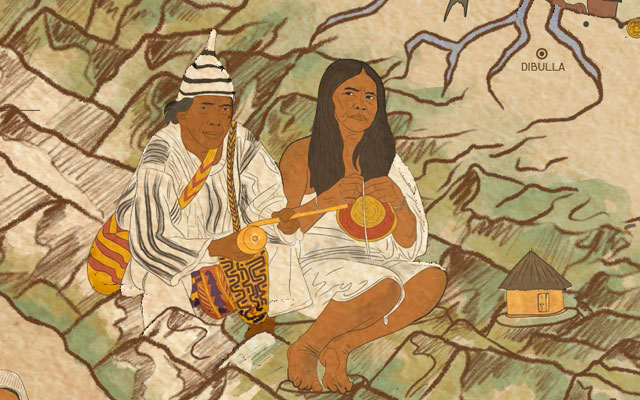 Detalle del mapa Coexistencias. Ilustración de un hombre y una mujer indígenas de la Sierra Nevada de Santa Marta