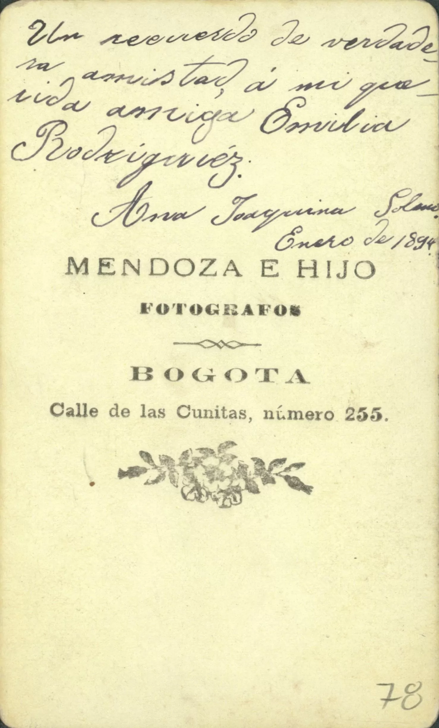 [Reverso de la tarjeta con el retrato de Ana Joaquina]