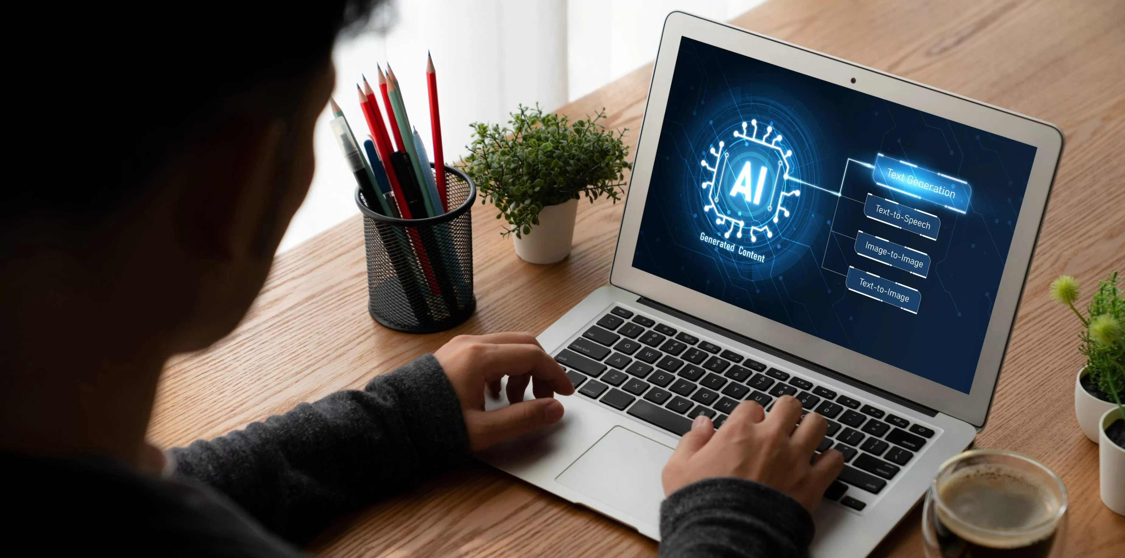 joven usando un computador y en la pantalla se ve una infografía y las letras IA