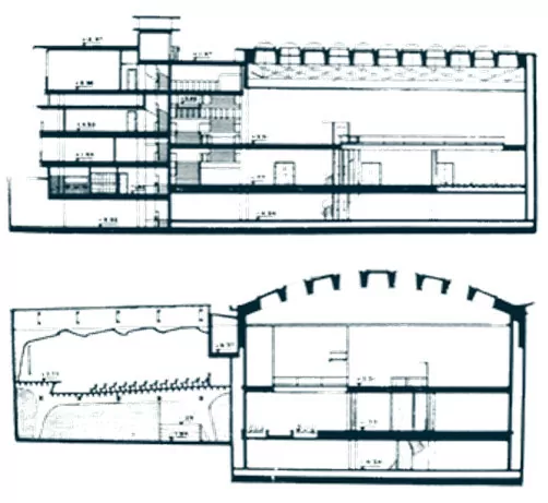 Corte de la planta de la BLAA. Urbanismo Arquitectura Industrias, Bogotá, 1958, núm.115