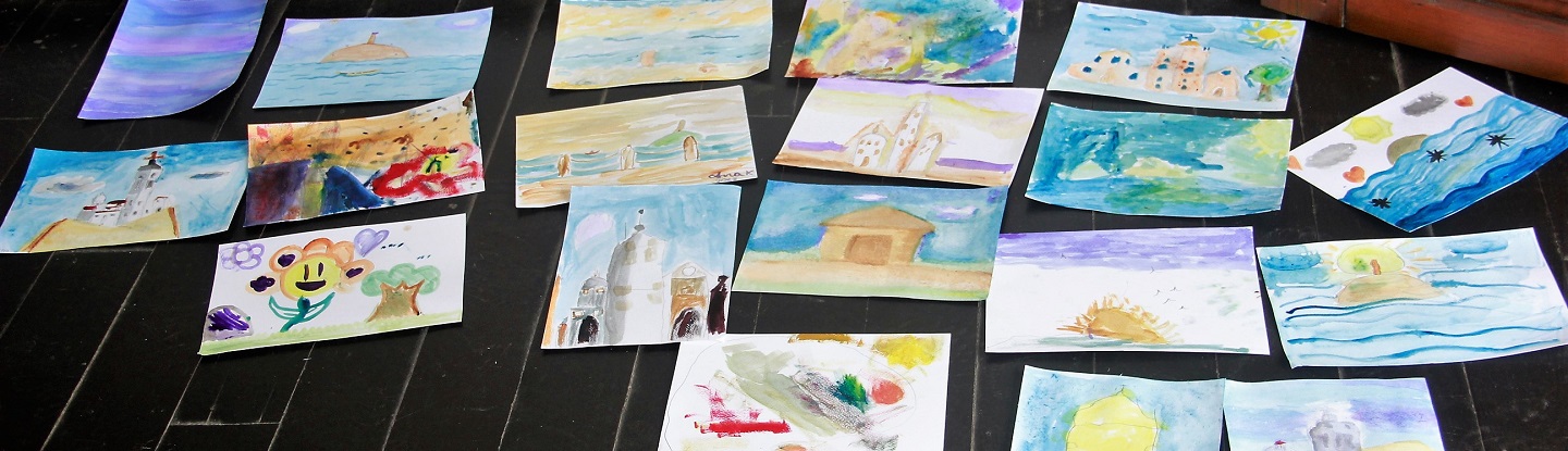 Detalle de acuarelas elaboradas por los niños y niñas en el Museo del Oro Tairona 