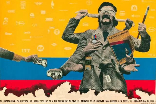 El capitalismo en cultura ha dado todo de sí y no queda de él sino el anuncio de un cadáver maloliente: en arte, su decadencia de hoy. Taller 4 Rojo. Obra gráfica. Fotoserigrafía sobre papel. Múltiple. Ca. 1972