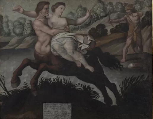 El centauro Neso llevando en brazos a Deyanira esposa de Hércules. Antonio Acero de la Cruz. S. XVII Óleo sobre tela 63 x 78 cm - AP3111 El centauro Neso llevando en brazos a Deyanira esposa de Hércules. Antonio Acero de la Cruz. S. XVII Óleo sobre tela 63 x 78 cm - AP3111