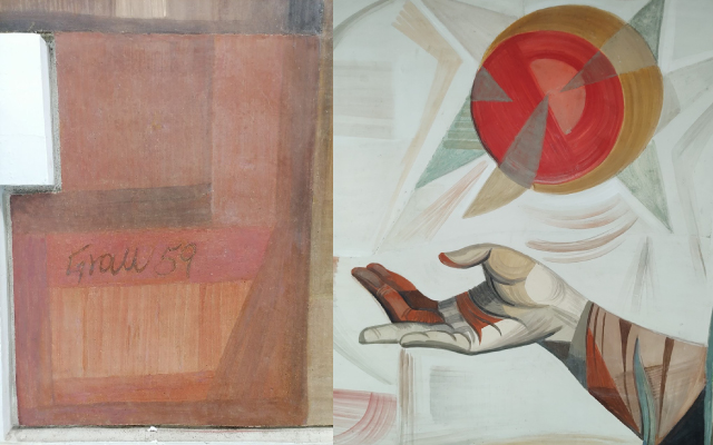 Detalle del mural de Enrique Grau previo a su restauración.