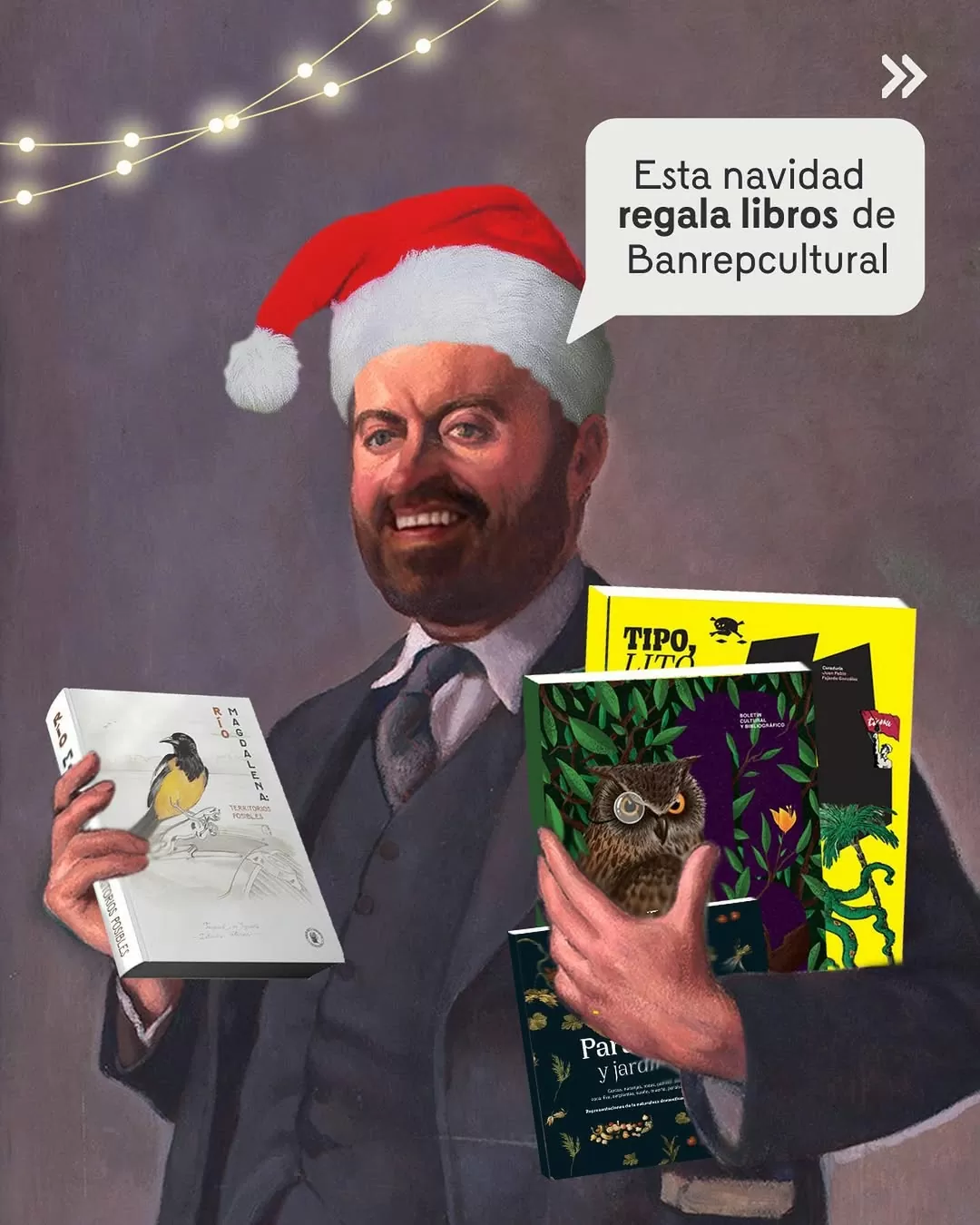 Hombre cargando libros y el texto 'Esta navidad regala libros de Banrepcultural' 