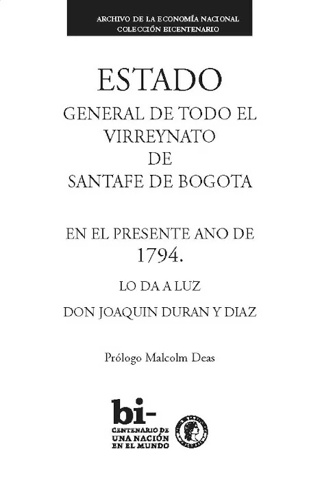 Portada del libro Estado General de todo el Virreynato de SantaFe de Bogota, 1794