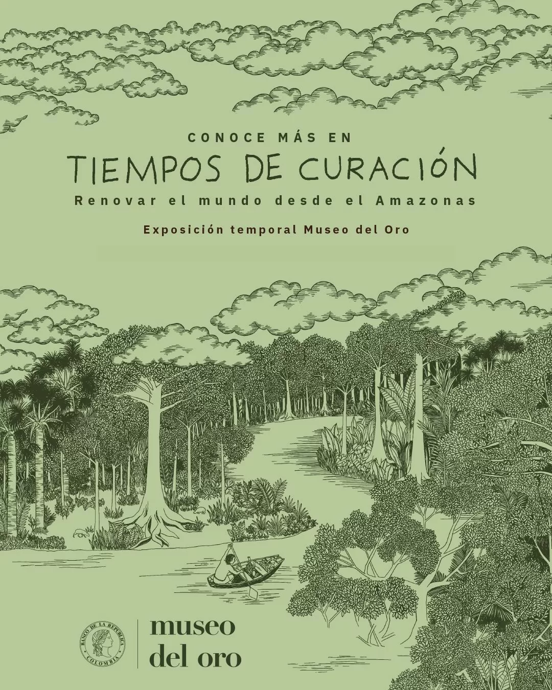 Imagen a color, en tono verde, sobre la exposición Tiempos de curación: renovar el mundo desde el Amazonas