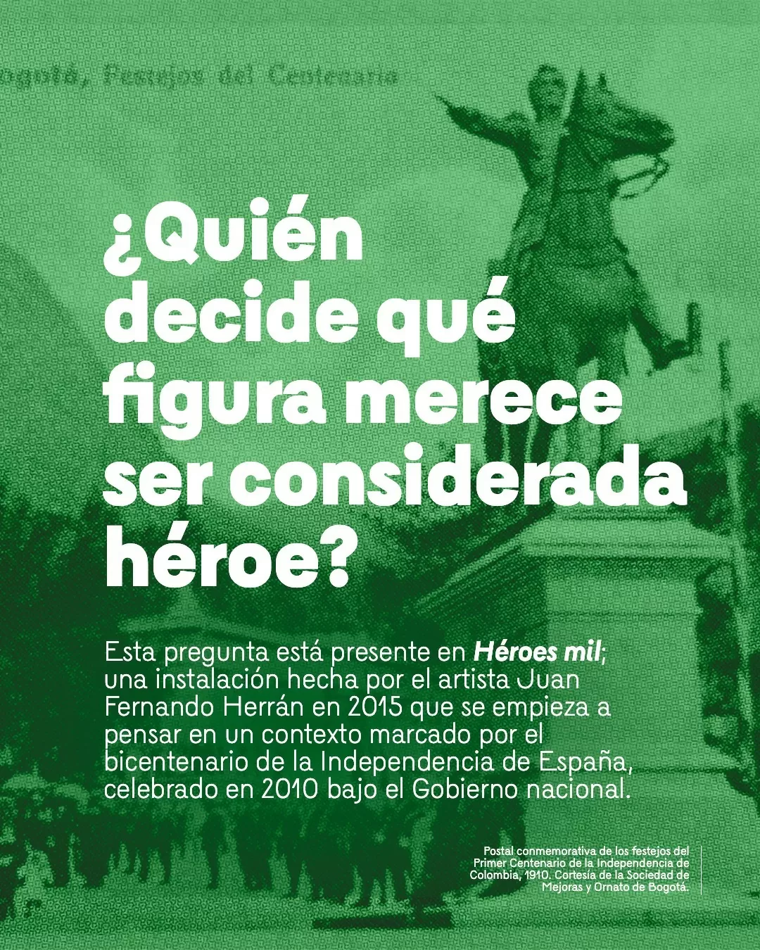 Imagen de una postal, con un degradado verde, sobre la conmemoración de los festejos del Primer Centenario de la Independencia de Colombia