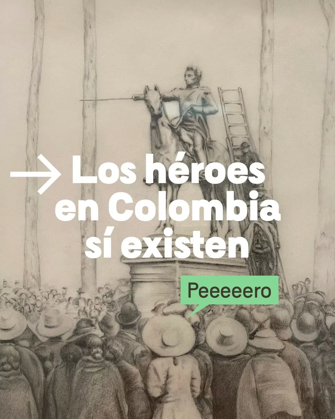 Dibujo, de un hombre montado a caballo, con una espada en su mano, dirigiéndose a una multitud